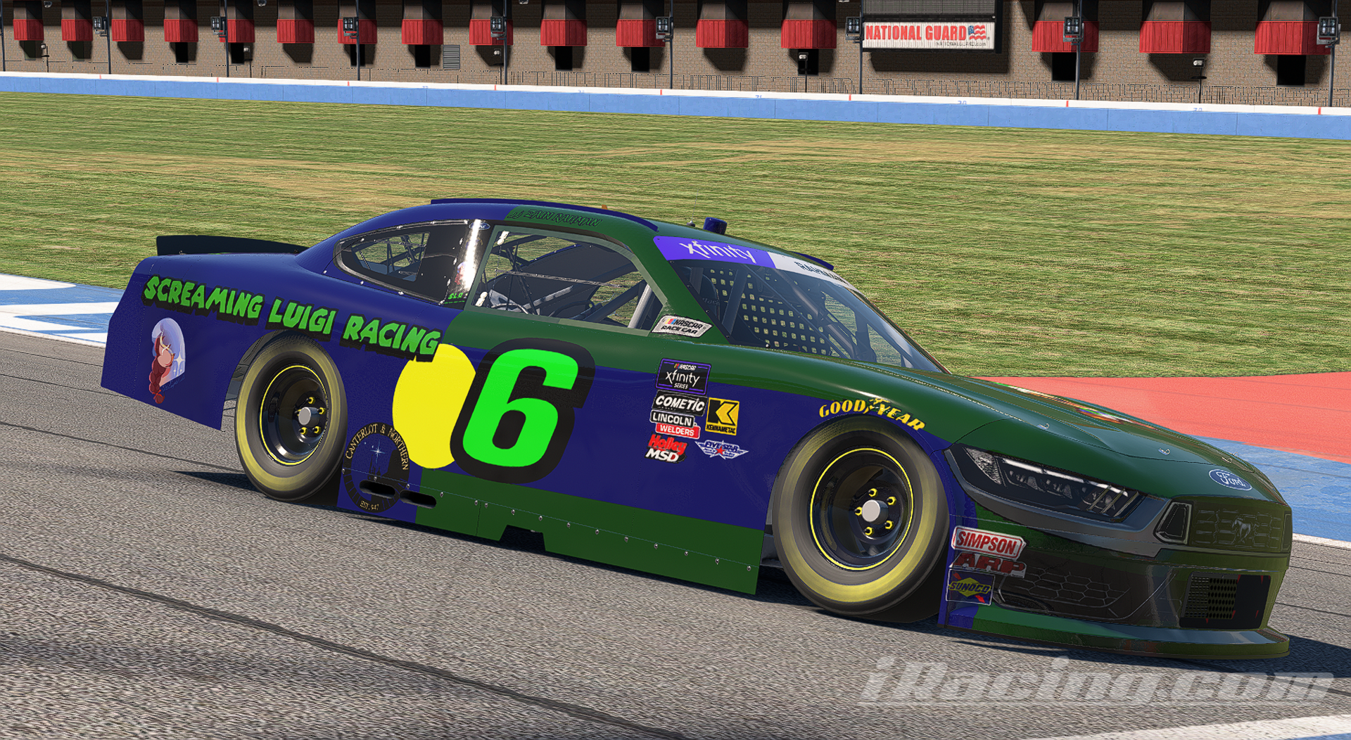 Screaming Luigi Racing number 6 Ford in green and blue on the track