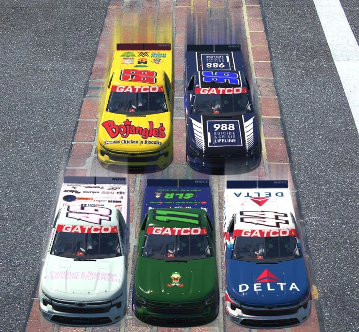 Five Screaming Luigi Racing trucks lined up at Indianapolis