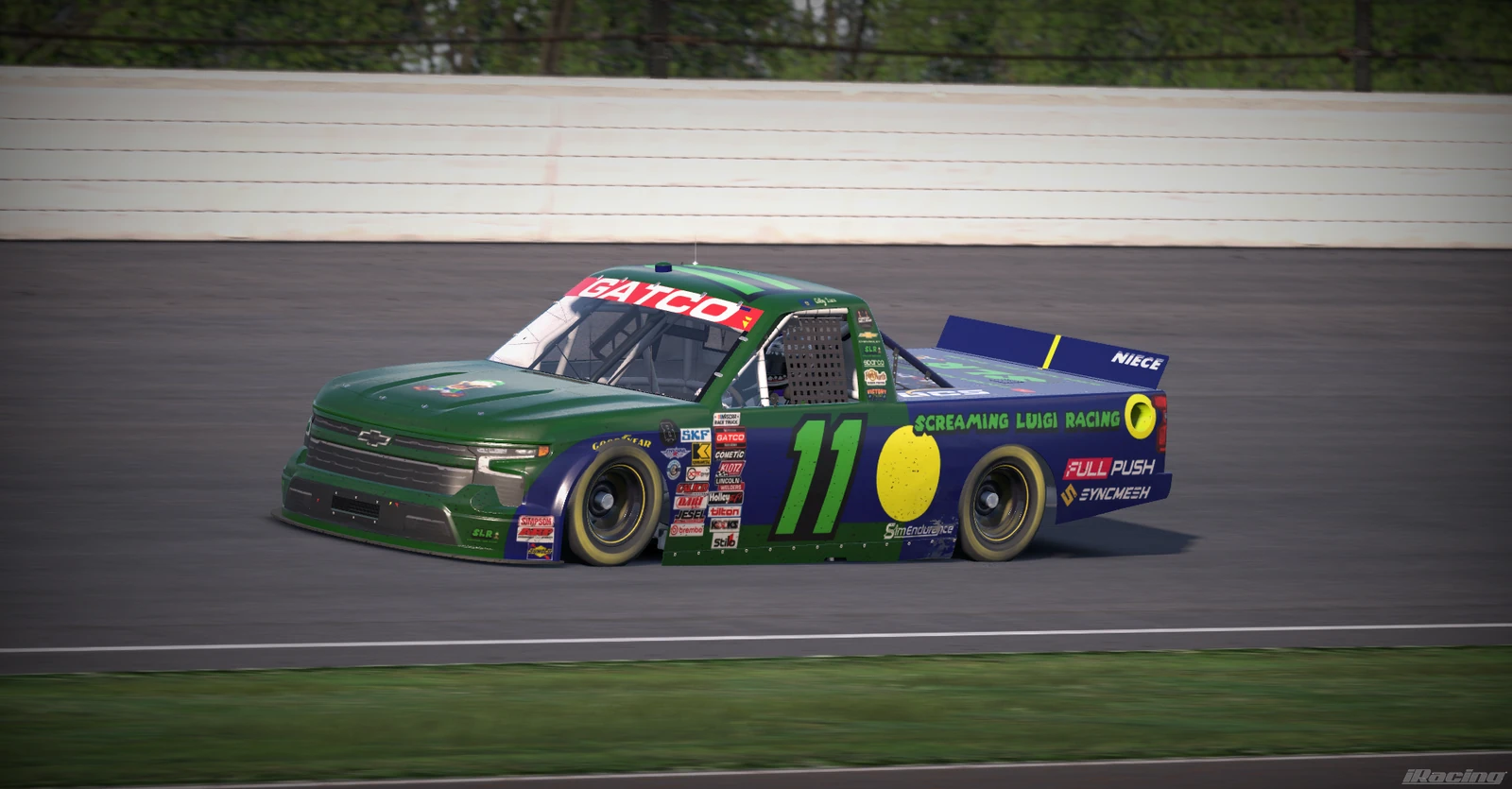 Number 11 Screaming Luigi Racing truck racing on track