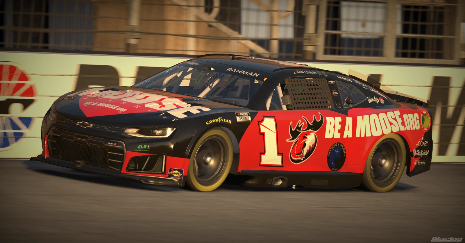 Number 1 Moose Fraternity car racing on track