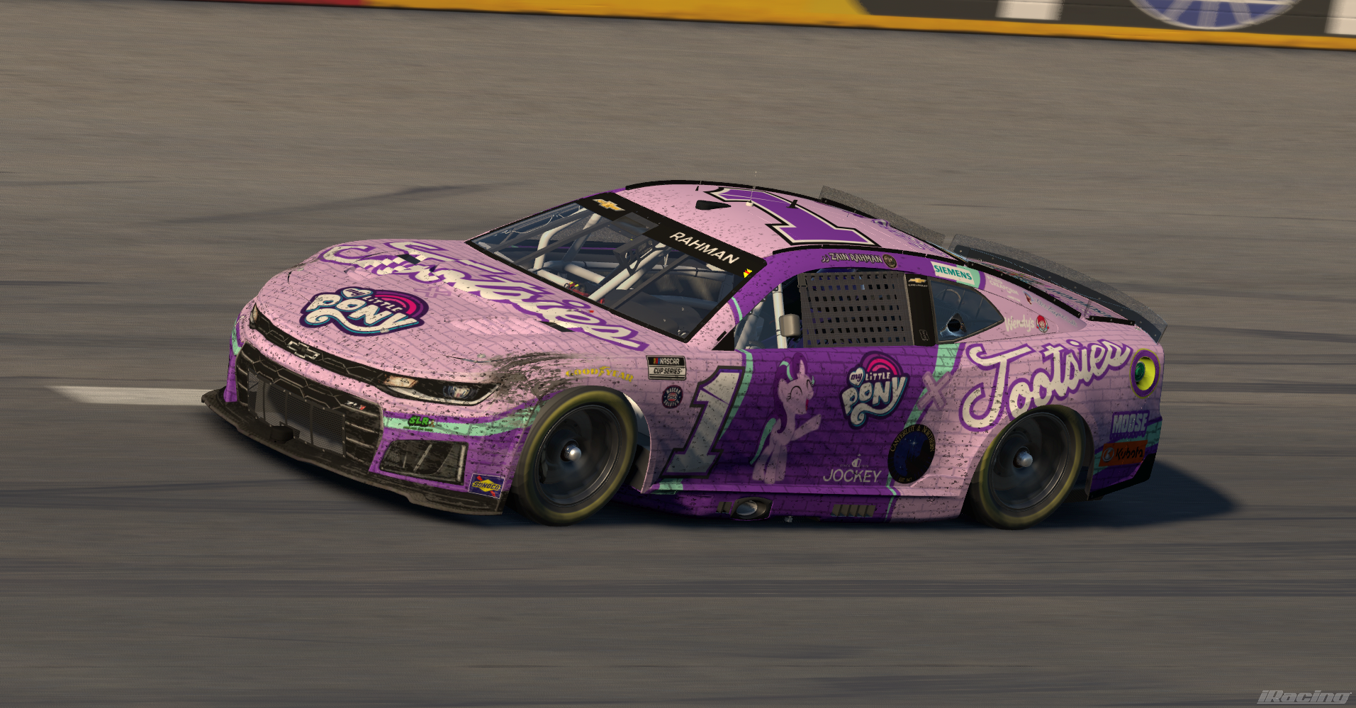 Purple number 1 My Little Pony car on track