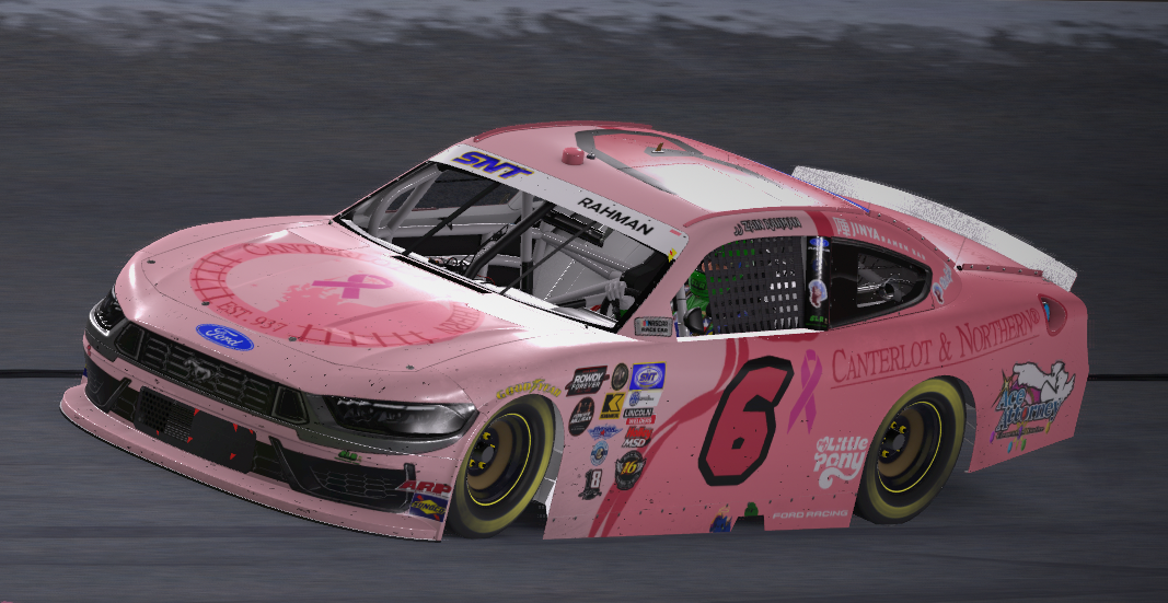 Pink number 6 Canterlot and Northern Ford stock car viewed from the front