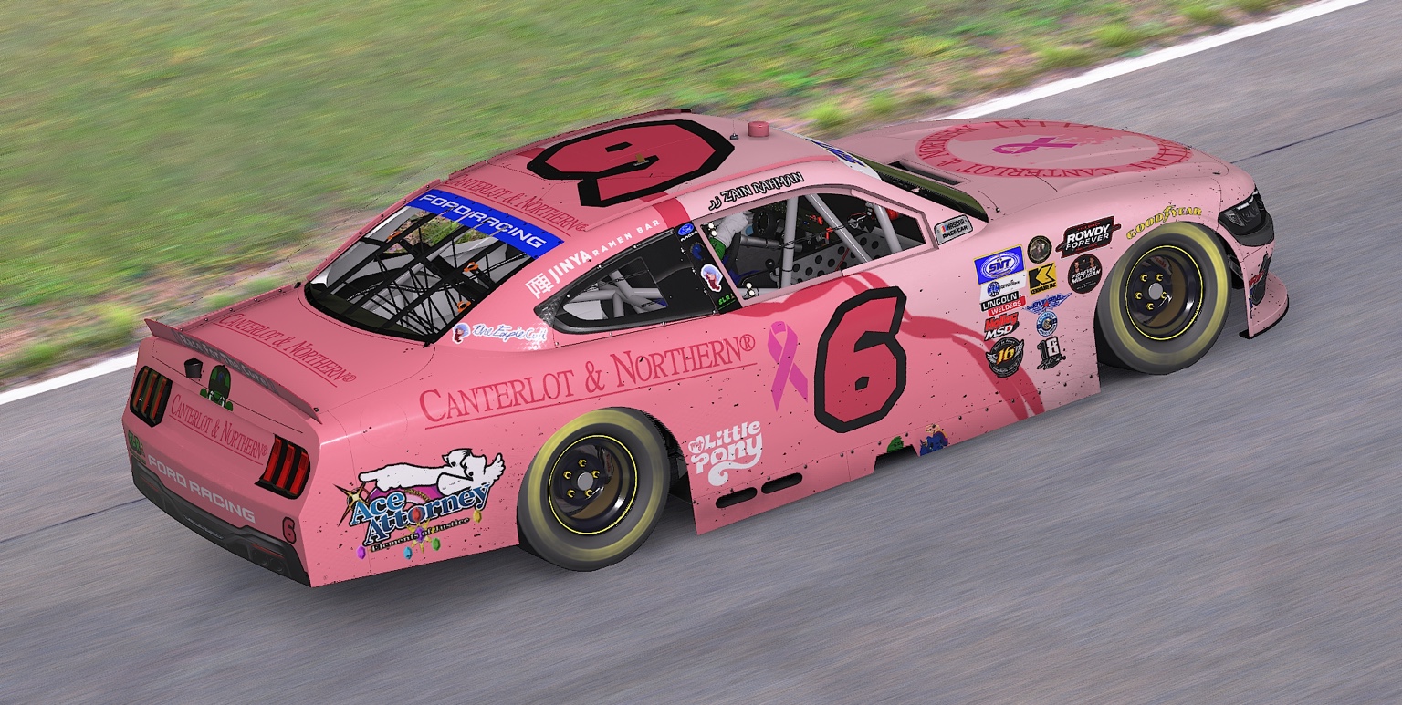 Pink number 6 Canterlot and Northern Ford stock car viewed from the rear