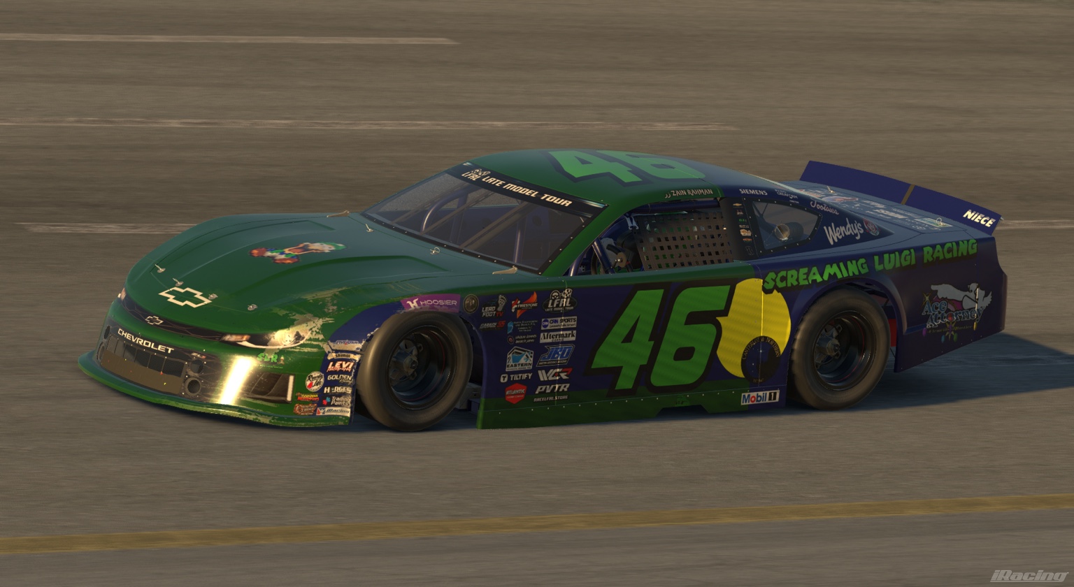 Green and blue number 46 Screaming Luigi Racing Chevrolet late model on track