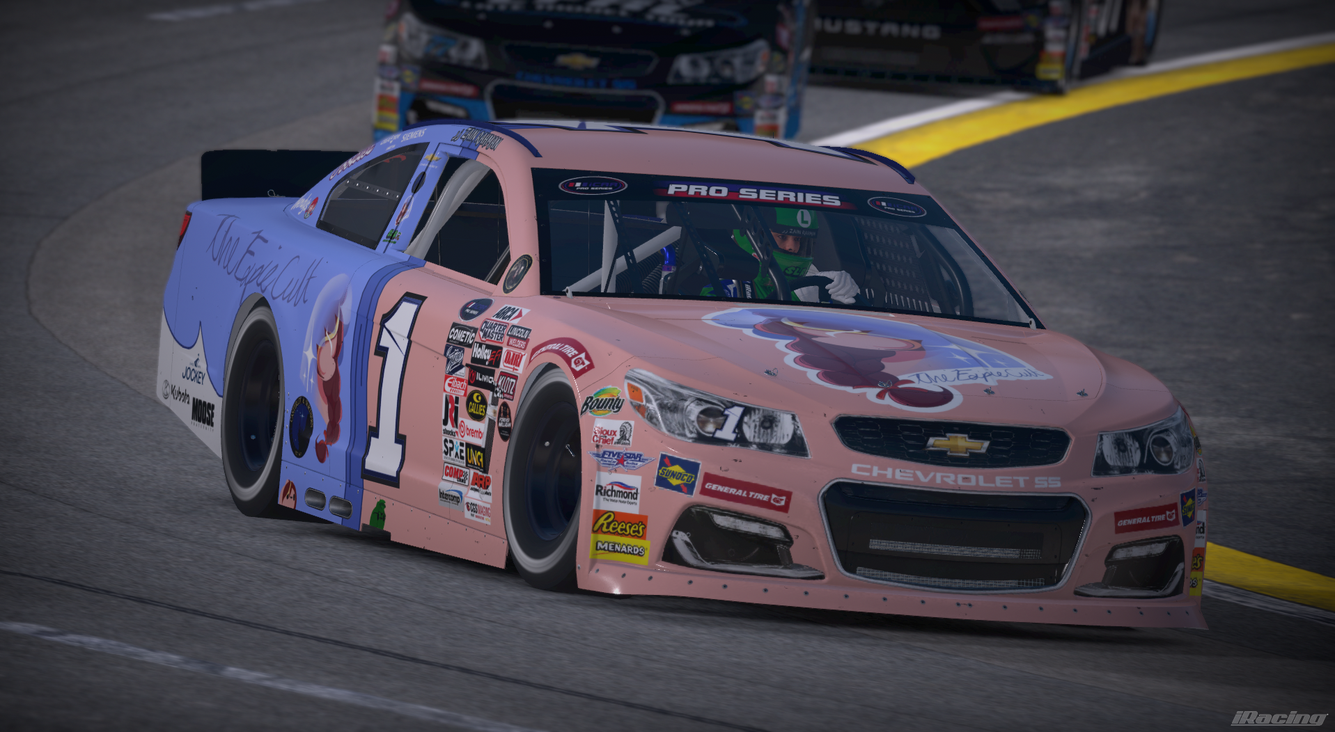 Pink and lavender number 1 The Espie Cult Chevrolet stock car on track