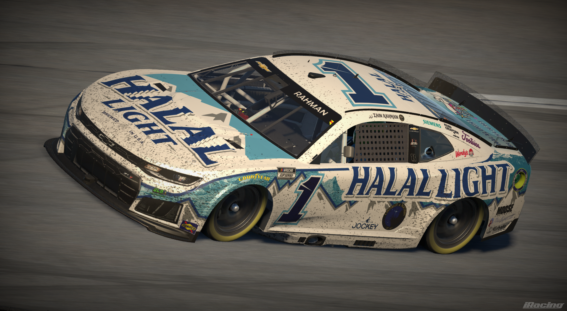 White and blue number 1 Halal Light Chevrolet stock car on track