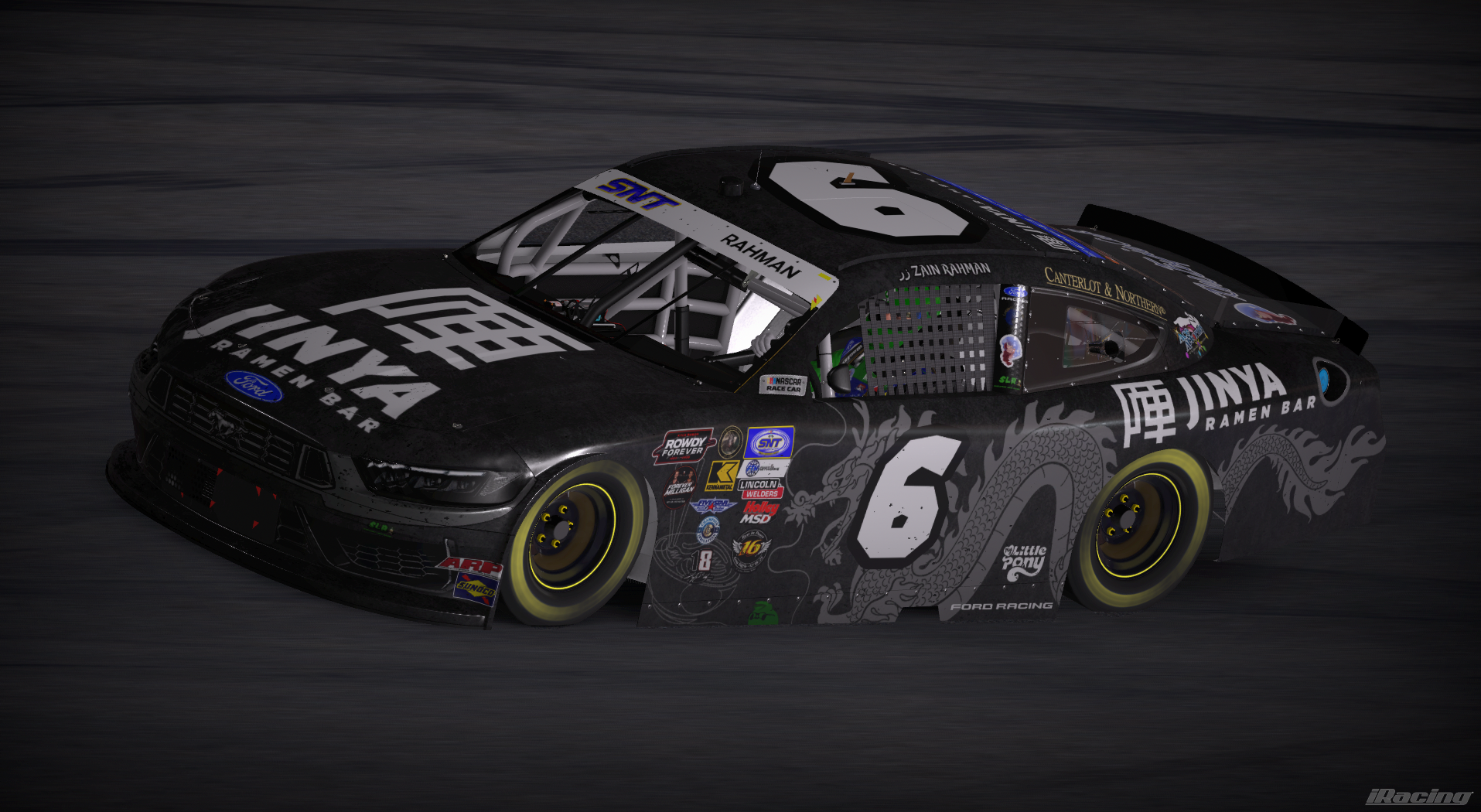 Black number 6 JINYA Ramen Bar Ford stock car viewed from the side