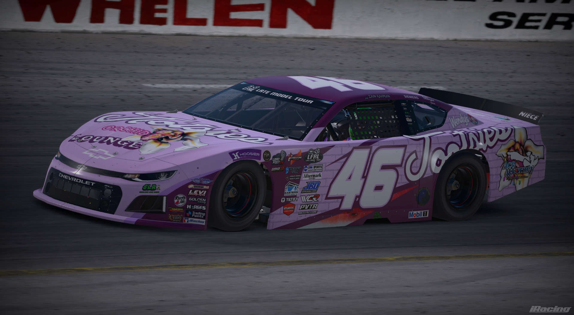 Pink and purple number 46 Chevrolet late model at South Boston Speedway